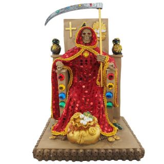 12 " Sentado Throne Red Rojo Santa Muerte With Shining Robe Holy Death Statue