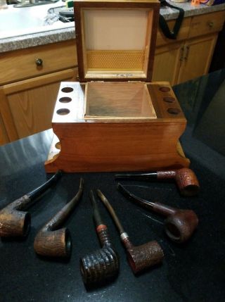 Vintage Wooden Pipe Rack Holder Tobacco Storage Box - Humidor With 6 Pipes