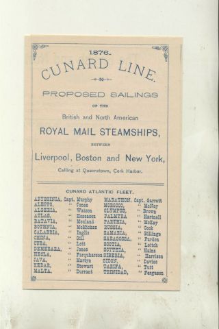 1876 Boston & York To Liverpool And Back Timetable Schedule Cunard Line