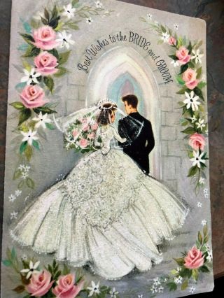 Elegant Bride Groom Wedding Church Brick Arch Sage Green Glitter Vtg Card