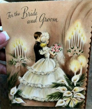 Elegant Bride Groom Wedding Veil Church Calla Lily Glitter Vtg Card Hallmark 2