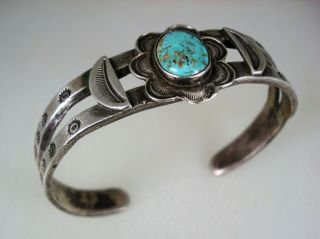 Old 1930s Navajo Hand Stamped Ingot Silver & Natural Turquoise Bracelet