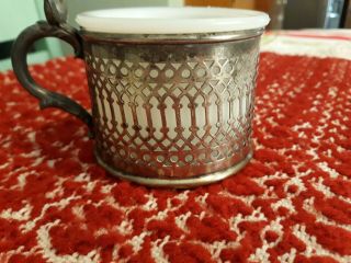 Antique Silver Plate Shaving Mug Withwhite Milk Glass Inside With Brush Rest