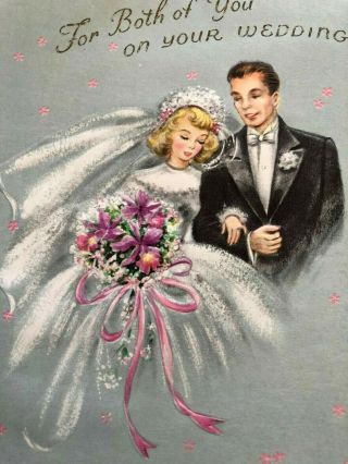 Elegant Bride Groom Wedding Veil Orchid Bouquet Chalk Look Vtg Card