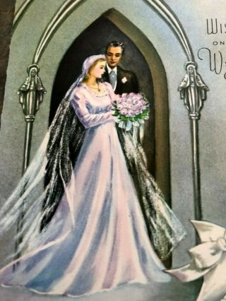Elegant Bride Groom Wedding Veil Church Alcove Diecut Art Deco Vtg Card