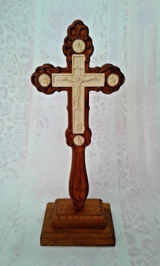 11.  5 " Carved Wooden Altar Cross Detached Wooden Stand Hand Blessing Cross 2 Sides