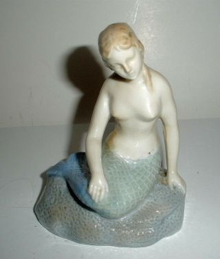 Vintage Mermaid On A Rock Porcelain Figurine - Denmark - Unusual Mark