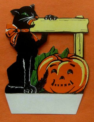 1930s Halloween Place Card Whitney Snarling Cat Grinning Jack O 
