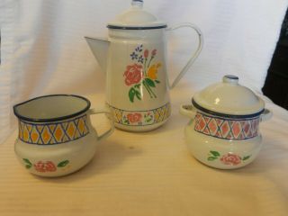 3 Piece White Painted Metal Coffee Or Tea Pot,  Creamer & Sugar Set From Giverny