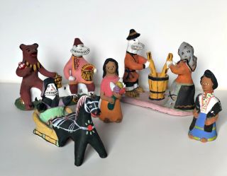 Vintage Ceramic Kargopol Set Of 5 Hand Painted Colorful Figurines