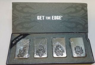 Get The Edge Brushed Chrome Steel Skulls Windproof Lighters 4 Pc Lighter Set 58
