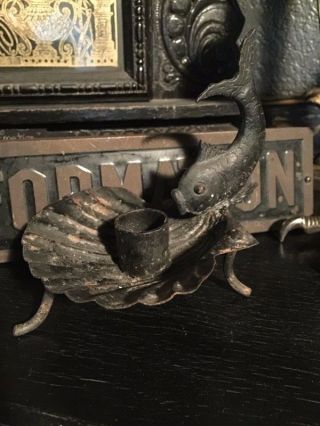 Vintage Grotesque Old Black Chamber Stick Antique Primitive Fish Candle Holder