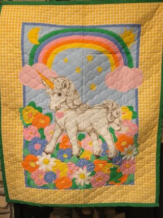 Vintage Rainbow Unicorn Quilted Wall Hanging 1980 
