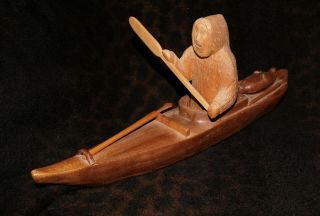 An Exceptional Signed Canadian Eskimo Wood Sculpture Of A Seal Hunter 15 "