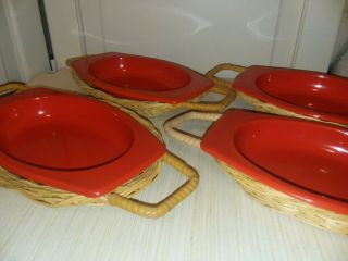 Vtg Mcm Orange Red Enameled Dishes Set Of 4 With Wicker Trays