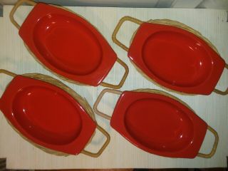 VTG MCM Orange Red Enameled dishes set of 4 with wicker trays 2