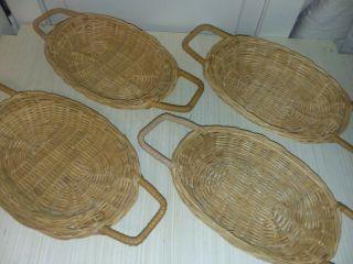 VTG MCM Orange Red Enameled dishes set of 4 with wicker trays 3