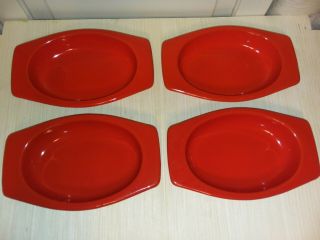 VTG MCM Orange Red Enameled dishes set of 4 with wicker trays 4