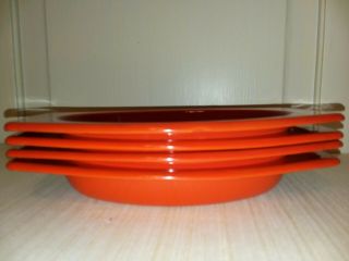 VTG MCM Orange Red Enameled dishes set of 4 with wicker trays 5