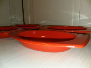 VTG MCM Orange Red Enameled dishes set of 4 with wicker trays 6