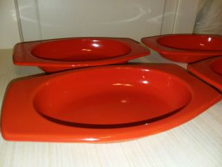 VTG MCM Orange Red Enameled dishes set of 4 with wicker trays 7