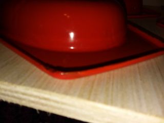 VTG MCM Orange Red Enameled dishes set of 4 with wicker trays 8