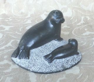1960 Saima Q Luuku Canadian Inuit Eskimo Art Stone Carving Seal Family Sculpture