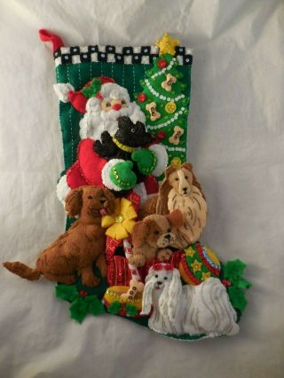 Bucilla Christmas Stocking Felt Sequin Santa Paws Completed Santa And Dogs