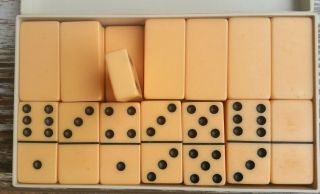 Vintage Bakelite Dominoes Butterscotch Extra Thick By Cardinal W/case