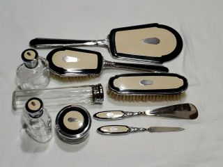 Vintage 9 Piece Art Deco Vanity Dresser Set Black/cream/silver Germany