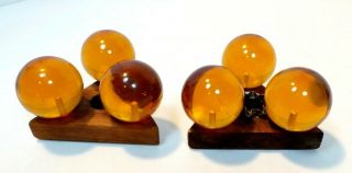 Mcm Lucite Grape Candle Holder Set Of 2 Pair Amber Brown Triangle Wood Base
