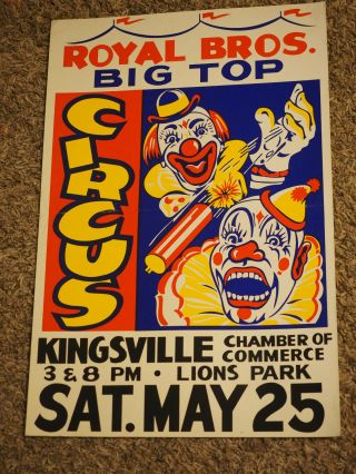 Royal Bros.  Big Top Circus Poster Kingsville May 25th Heavy Stock 14 X 31 "
