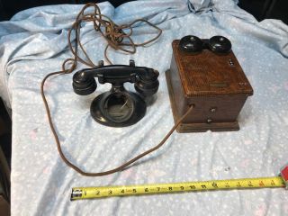 Antique Western Electric Telephone And Wooden Oak Ringer Box Part Repair Restore