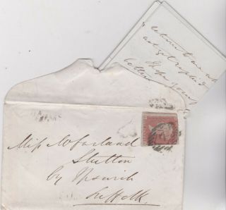 1850 Qv Cover With A 1d Penny Red Stamp Sent To Ipswich Norfolk Letter Inside