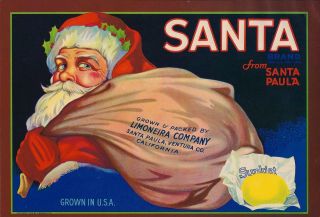 Rare Old 1928 Santa Claus " Santa Brand " Label Santa Paula California