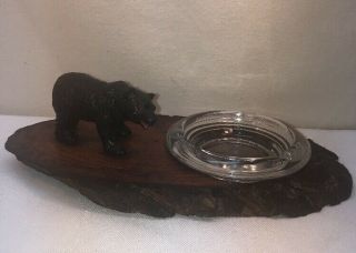 Vtg Yellowstone National Park Wood Slab Black Bear Glass Insert Souvenir Ashtray