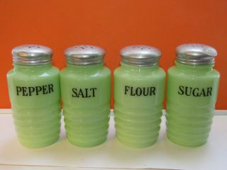 Set 4 Vintage Jeanette Jadeite Glass Salt Pepper Flour & Sugar Range Shakers