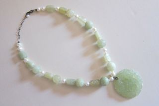 Chinese Carved Jade Colored Necklace With Dragon Pendant And Pearls