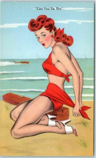 1940s Pin - Up Girl Postcard Redhead Girl Beach " Can You Tie This " Eo11 Canada