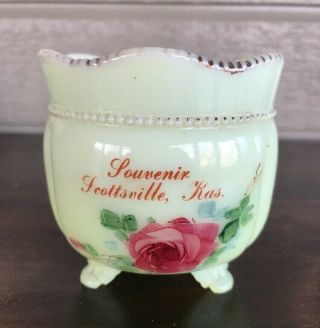 Antique Custard Glass Souvenir Of Scottsville Kansas Footed Bowl Painted Rose