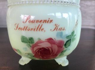 Antique Custard Glass Souvenir of Scottsville Kansas Footed Bowl Painted Rose 3