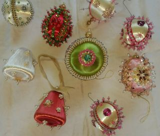 9 Vtg Mixed Fancy Large Handmade Xmas Ornaments Beads Sequins Ribbon Satin Pins