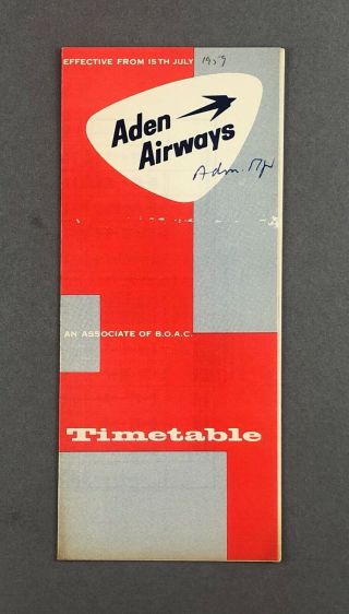 Aden Airways Airline Timetable July 1959 Vickers Viking De Havilland Dove - Boac
