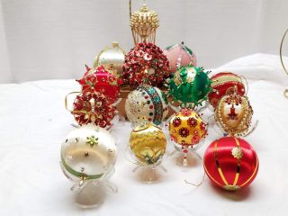 Vintage Handmade Beaded Sequined Christmas Tree Ornaments Bead Sequin Pin Satin