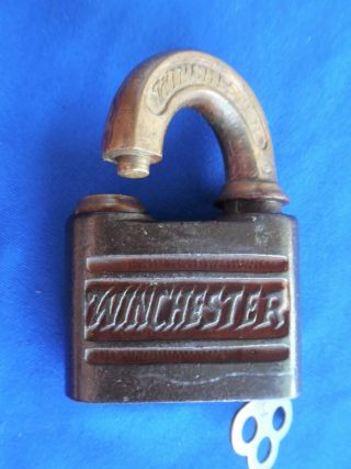 ORIG iron P T antique western WINCHESTER rifle knife hunter padlock lock w key 2
