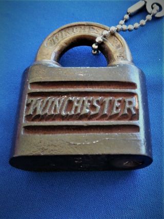 ORIG iron P T antique western WINCHESTER rifle knife hunter padlock lock w key 3