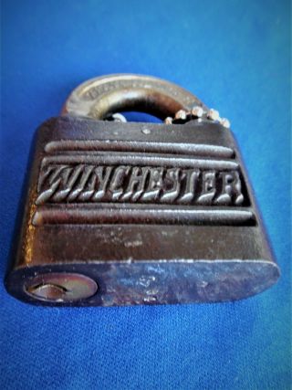 ORIG iron P T antique western WINCHESTER rifle knife hunter padlock lock w key 4