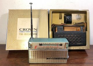 Vintage Blue Crown Tr - 803 8 Transistor Radio 3 Band W Case & Box Japan