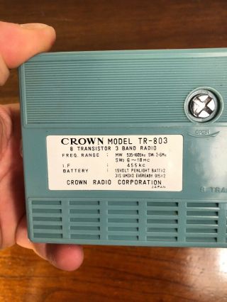 Vintage Blue Crown TR - 803 8 Transistor Radio 3 Band W Case & Box Japan 4