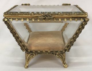 Vintage Brass & Beveled Glass Casket Trinket Jewelry Box